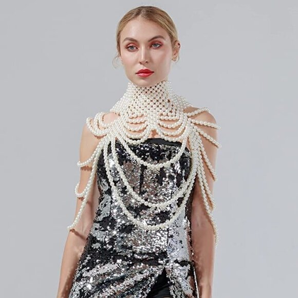 Spuly Jewelry - 𝅺WHITE Pearl Body Chain Sexy Bra Fashion Shoulder Necklaces Harness Jewelry Sexy